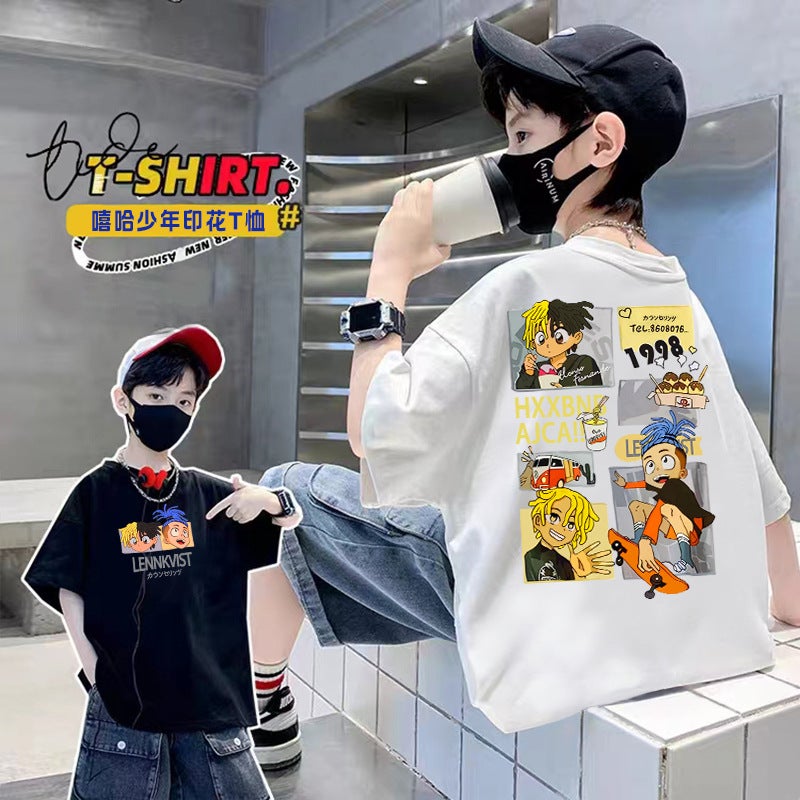 Cartoon Heavyweight Pure Cotton Short-Sleeve T-Shirt For Older Children, Summer Trendy Brand Boys' Loose Half-Sleeve Top, 2026 New Model - Image 1