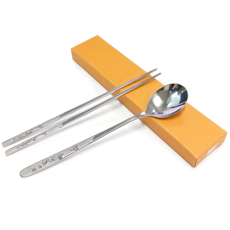 SUPIA Korean Traditional Cutlery Stainless Steel Spoons and Chopsticks Set Tableware with Longhand Reusable Silver Rose
