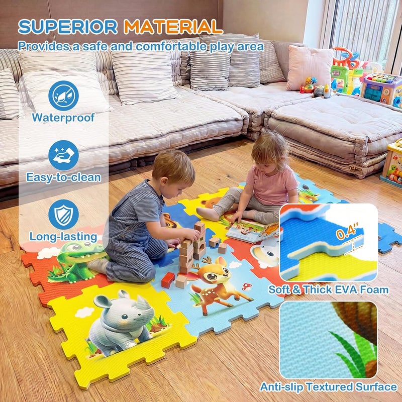 GLACER Kids Foam Puzzle Play Mat, 8-Piece Interlocking Baby Floor Puzzle Tiles w/Educational Animal Patterns, Non-Slip Waterproof Foam Crawling Mat for Toddler Playroom, 12" x 12", Colorful - Image 3