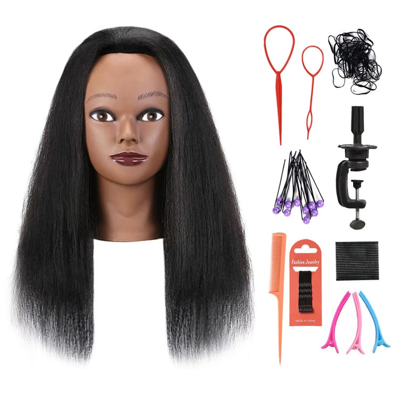 Armmu Mannequin Head with 100 Real Hair 16 Cosmetology Mannequin Manikin Training Practice Doll Head for Hairdresser Braiding Hair Styling Hairdressing with Clamp Holder Black