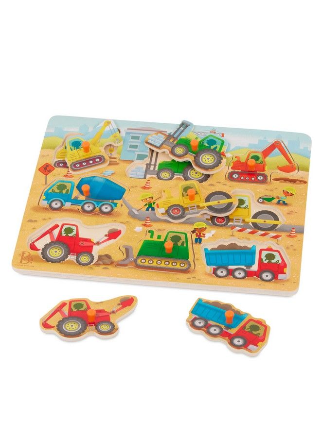 B. Toys Wooden Peg Puzzle Truck Puzzle For Toddlers Kids 8 Construction Truck Pieces Dump Truck Cement Mixer Excavator & More 2 Years + Peek & Explore Construction Trucks - Image 1