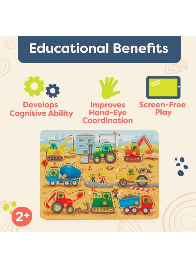 B. Toys Wooden Peg Puzzle Truck Puzzle For Toddlers Kids 8 Construction Truck Pieces Dump Truck Cement Mixer Excavator & More 2 Years + Peek & Explore Construction Trucks - Image 4