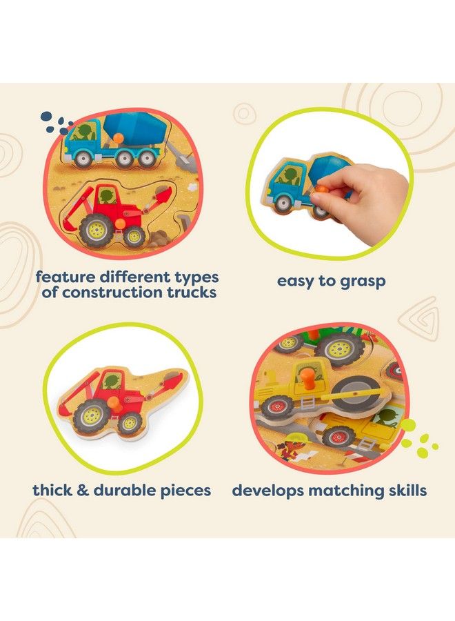 B. Toys Wooden Peg Puzzle Truck Puzzle For Toddlers Kids 8 Construction Truck Pieces Dump Truck Cement Mixer Excavator & More 2 Years + Peek & Explore Construction Trucks - Image 5