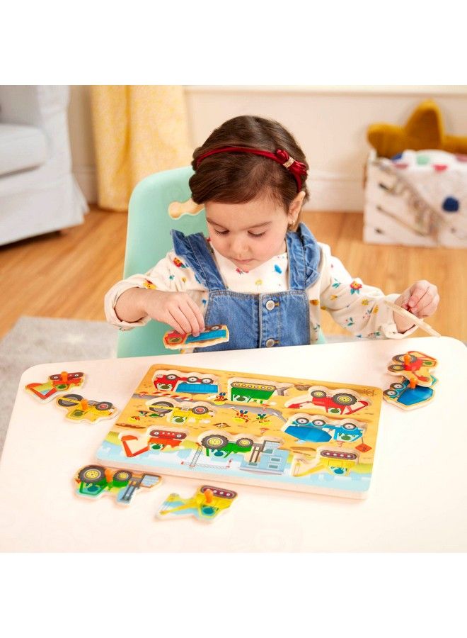 B. Toys Wooden Peg Puzzle Truck Puzzle For Toddlers Kids 8 Construction Truck Pieces Dump Truck Cement Mixer Excavator & More 2 Years + Peek & Explore Construction Trucks - Image 3