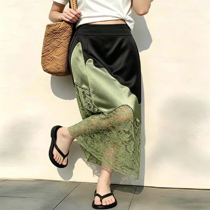 Green Lace Satin Pleated Midi Skirt for Women - Image 4