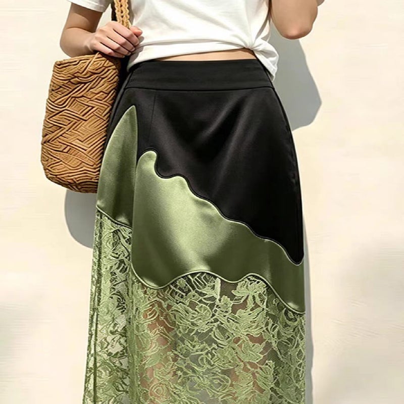 Green Lace Satin Pleated Midi Skirt for Women - Image 1