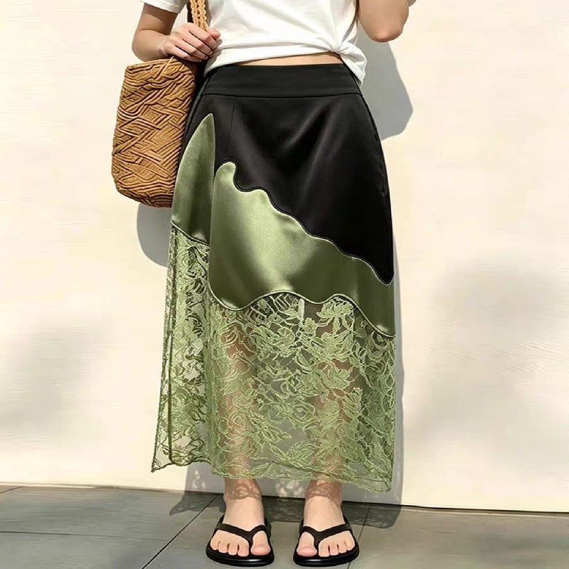 Green Lace Satin Pleated Midi Skirt for Women - Image 5