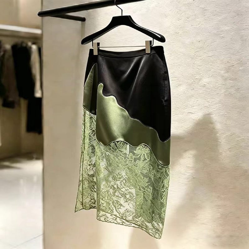 Green Lace Satin Pleated Midi Skirt for Women - Image 2