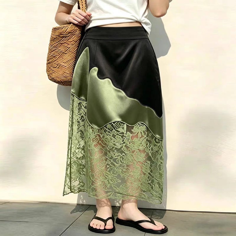 Green Lace Satin Pleated Midi Skirt for Women - Image 3