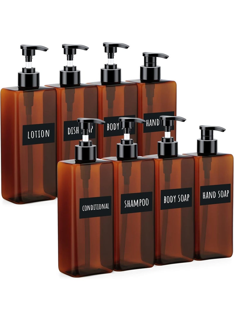 Segbeauty - Segbeauty 8 Packs Empty Bathroom Soap Dispenser, 16.9oz Refillable Plastic Pump Bottles with Labels, 500ml Shower Dispenser Shampoo Conditioner Bottles for Kitchen Amber - Image 1