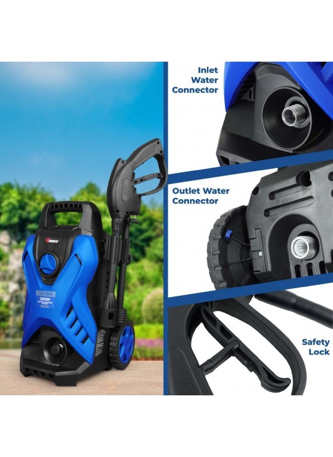 VTOOLS 120 Bar Electric Pressure Washer With 2 Wheels, 5 Meter Hose, Soap Dispenser, 1500 Watt, Auto Stop and Self Priming Mode, For Car, Home & Garden, Blue, VT1509  - Image 5