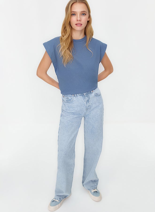 trendyol Indigo 100% Cotton Padded Look Basic Crew Neck Knitted T-Shirt - Image 2