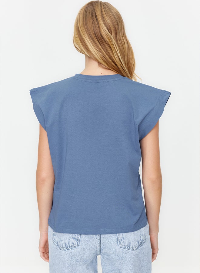 trendyol Indigo 100% Cotton Padded Look Basic Crew Neck Knitted T-Shirt - Image 5