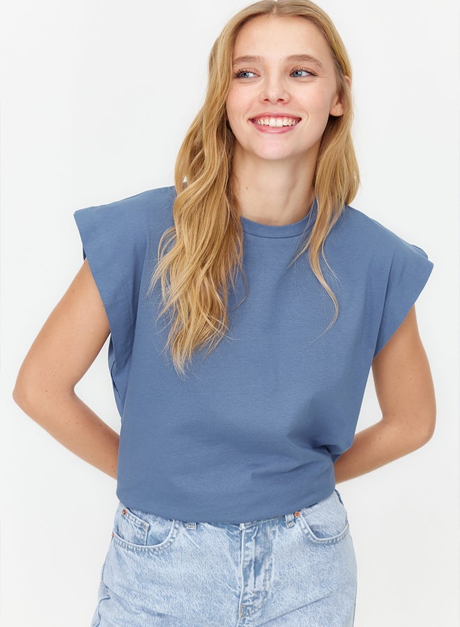 trendyol Indigo 100% Cotton Padded Look Basic Crew Neck Knitted T-Shirt - Image 1