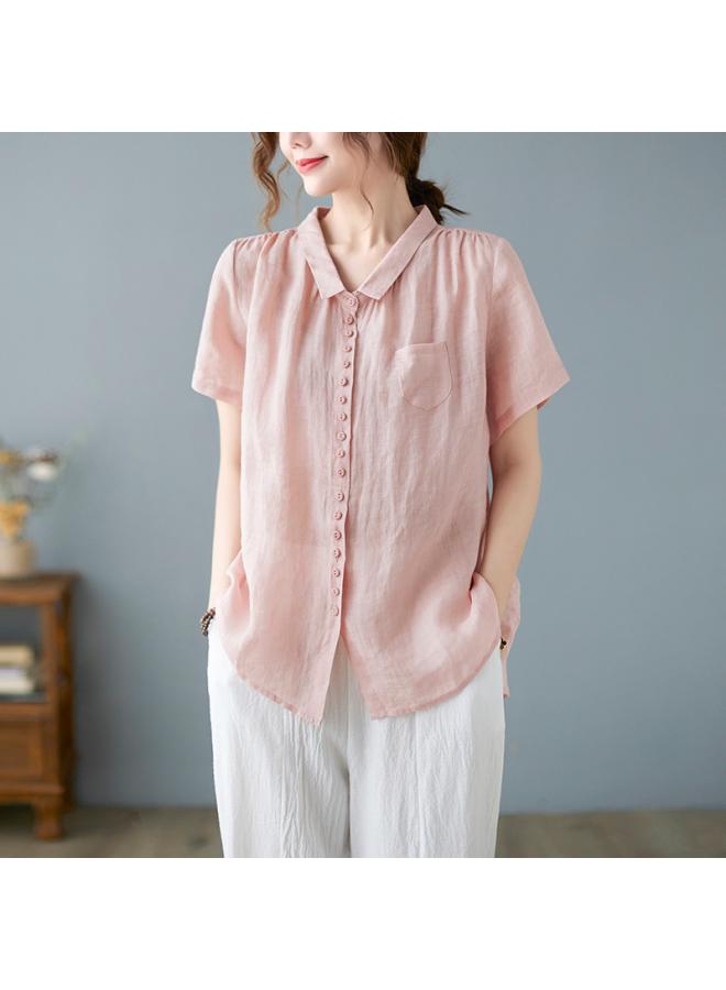 VUELO Real Shot Summer New Artistic Loose Solid Color Cotton Linen Lapel Short Sleeve Shirt Top Women #8626 - Image 2