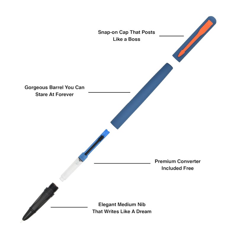 BUZZ COOL Fountain Ink Pen With Ink Converter Pump | Blue Body, Orange Clip Metal Fountain Pen with Fine Nib(0.5mm) | Zero Ink Leakage Smooth Writing Ink Pen - Image 5
