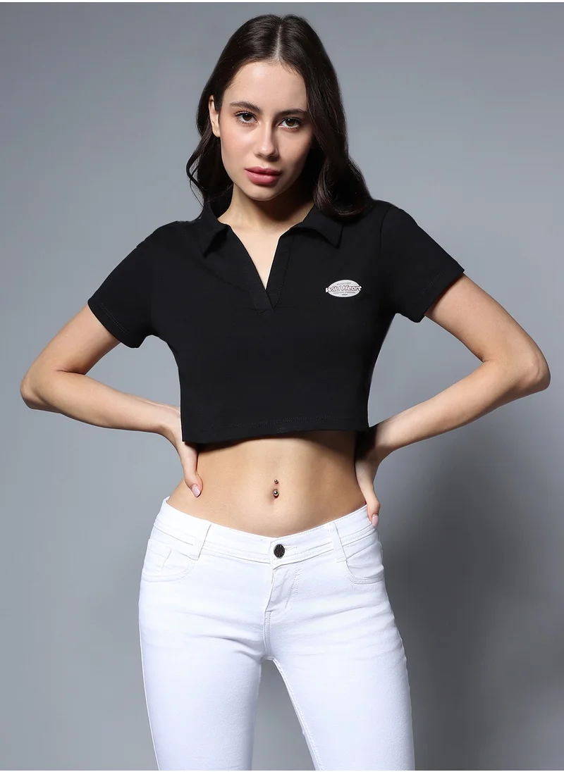 HIGH STAR Black Crop Top with Shirt Collar for Women, Cotton