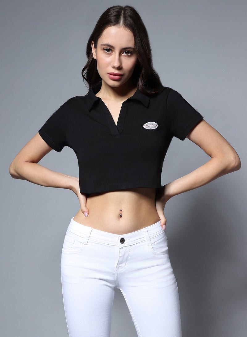 HIGH STAR Black Crop Top with Shirt Collar for Women, Cotton  - Image 3