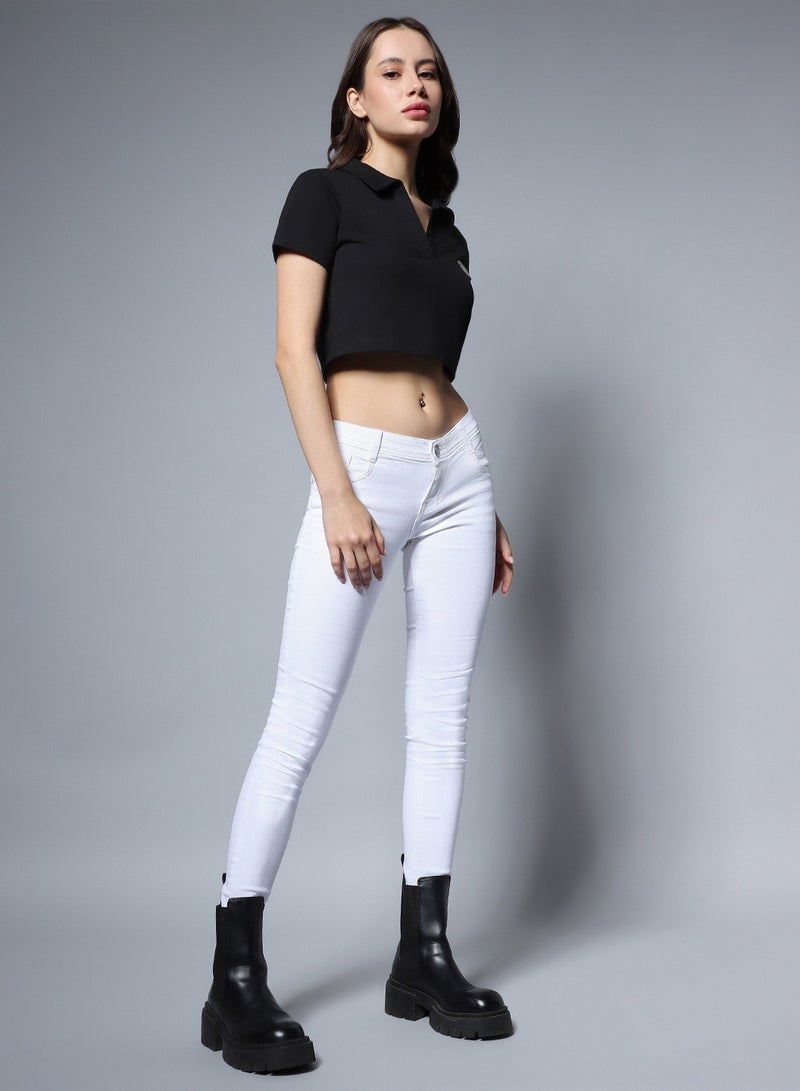 HIGH STAR Black Crop Top with Shirt Collar for Women, Cotton  - Image 2