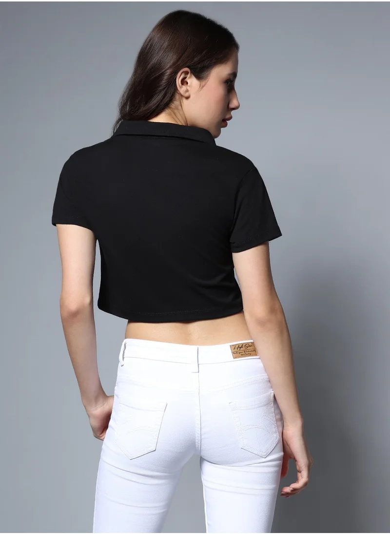 HIGH STAR Black Crop Top with Shirt Collar for Women, Cotton