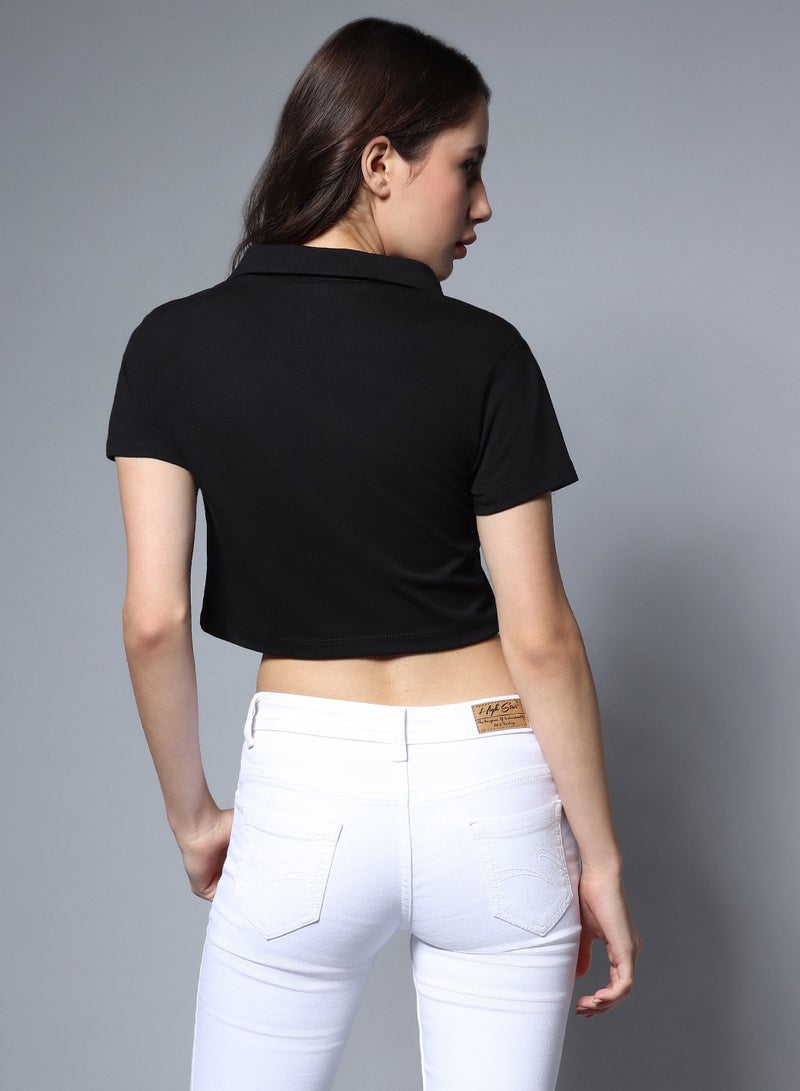 HIGH STAR Black Crop Top with Shirt Collar for Women, Cotton  - Image 5
