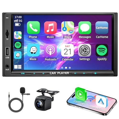 Zeminba 7 Inch Double Din Car Stereo with Wireless Apple Carplay Android Auto Navi Radio Head Unit with Touch Screen Bluetooth AMFM ReceiverMirror LinkBackup CameraTFAUXUSB Input - Image 1