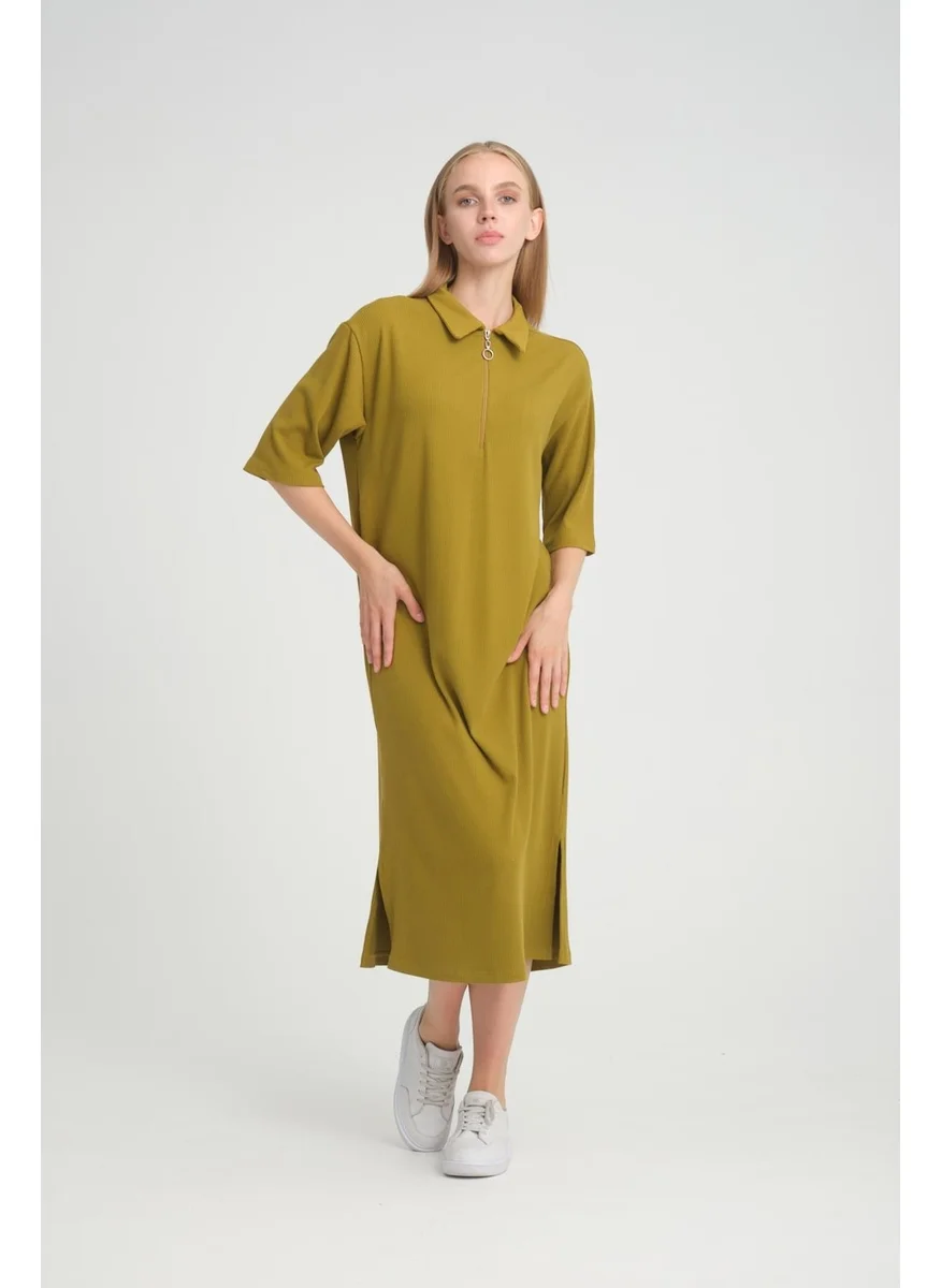 الكسندر جاردي Alexandergardi Ribbed Zipper Detail Shirt Collar Dress (B23-00108)
