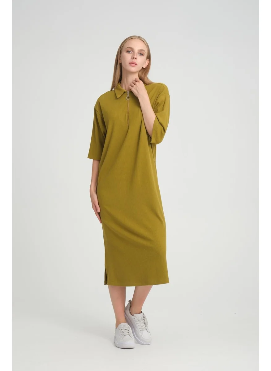 الكسندر جاردي Alexandergardi Ribbed Zipper Detail Shirt Collar Dress (B23-00108)