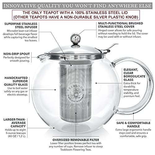 Teabloom All-in-One Glass Teapot and Tea Kettle – Heatproof Borosilicate Glass Tea Maker with Removable Stainless Steel Loose Tea Infuser – Classica Stovetop Tea Pot (40 oz / 1200 ml) - Image 3