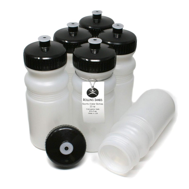 Rolling Sands USA Made 20 Ounce Sports Water Bottles - 6-Pack BPA-Free Blank Sports Bottles for Small Teams, Adults & Kids - Clear Frost Bottle/Black Lid, No Smell No Taste - Image 1