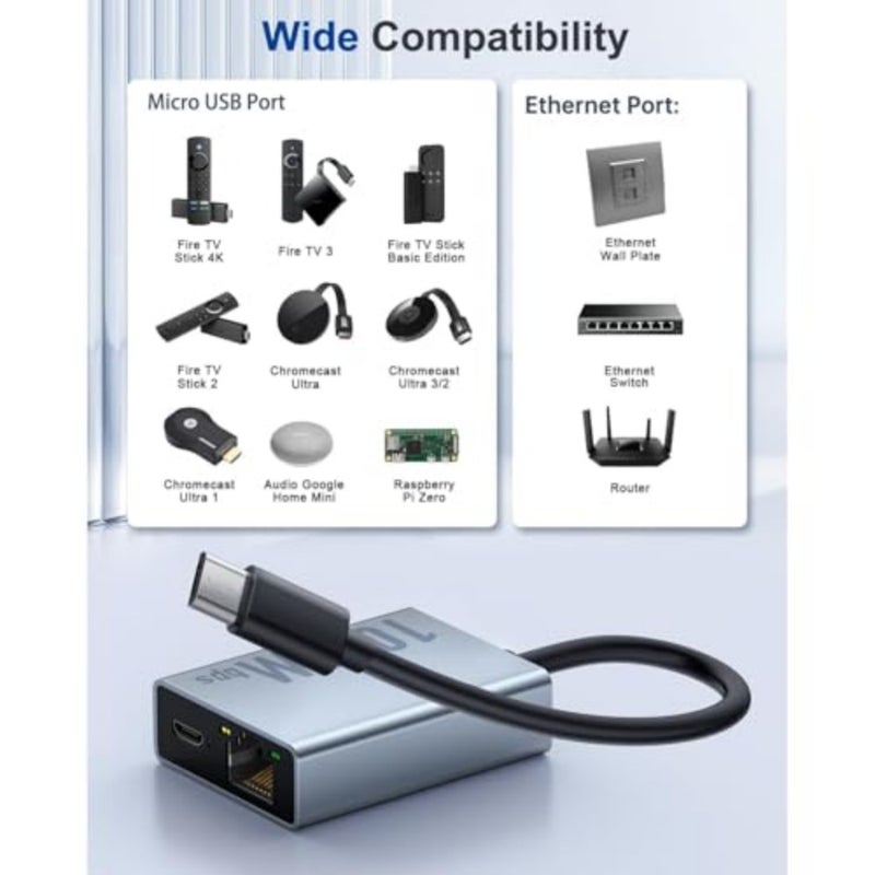 محول شبكة سلكي USB من النوع C إلى RJ45 جيجابت إيثرنت بسرعة 1000 ميجابت في الثانية متوافق مع Fire TV Stick 4K Chromecast Google Home Mini Roku Micro USB إلى RJ45 محول الإنترنت السلكي - Image 4