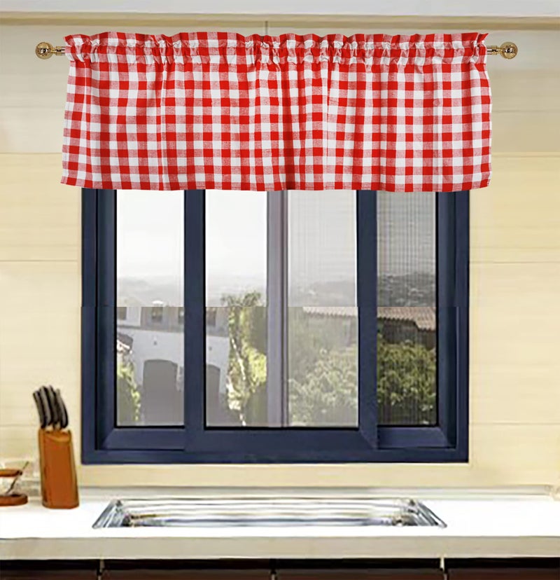 Deztibos Buffalo Red and White Check Kitchen Window Valance 2 Pack Half Short Gingham Plaid Farmhouse Textured Short Window Drape Panel Home Decor Curtain Valance