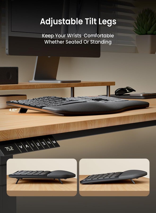 ProtoArc Ergonomic Wireless Keyboard Mouse, EKM01 Plus Full Size Ergo Bluetooth Keyboard Mouse Combo, Split Design, Wrist Rest, Multi-Device, Rechargeable, for Windows/Mac OS - Black - Image 4