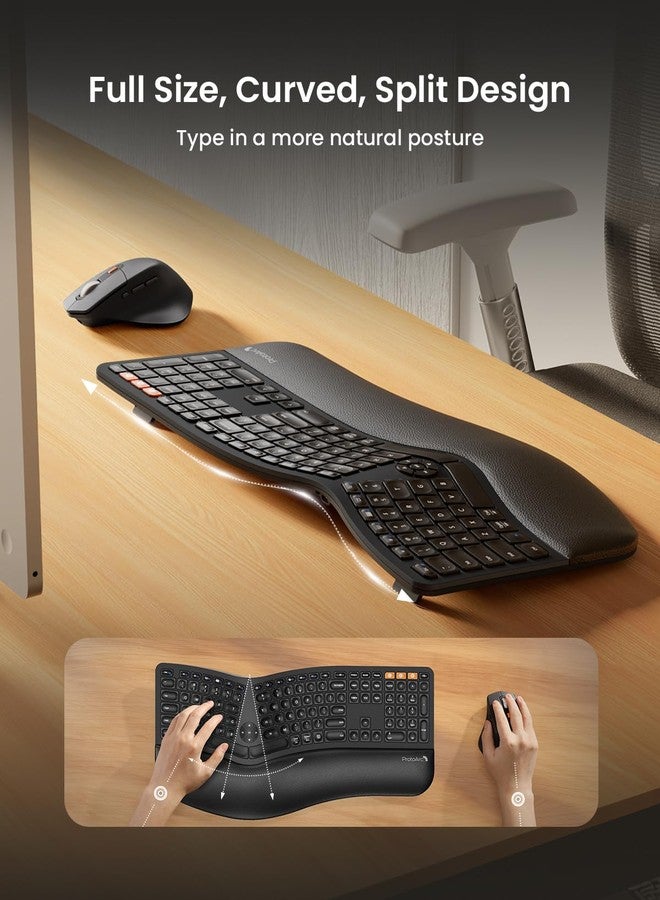 ProtoArc Ergonomic Wireless Keyboard Mouse, EKM01 Plus Full Size Ergo Bluetooth Keyboard Mouse Combo, Split Design, Wrist Rest, Multi-Device, Rechargeable, for Windows/Mac OS - Black - Image 2