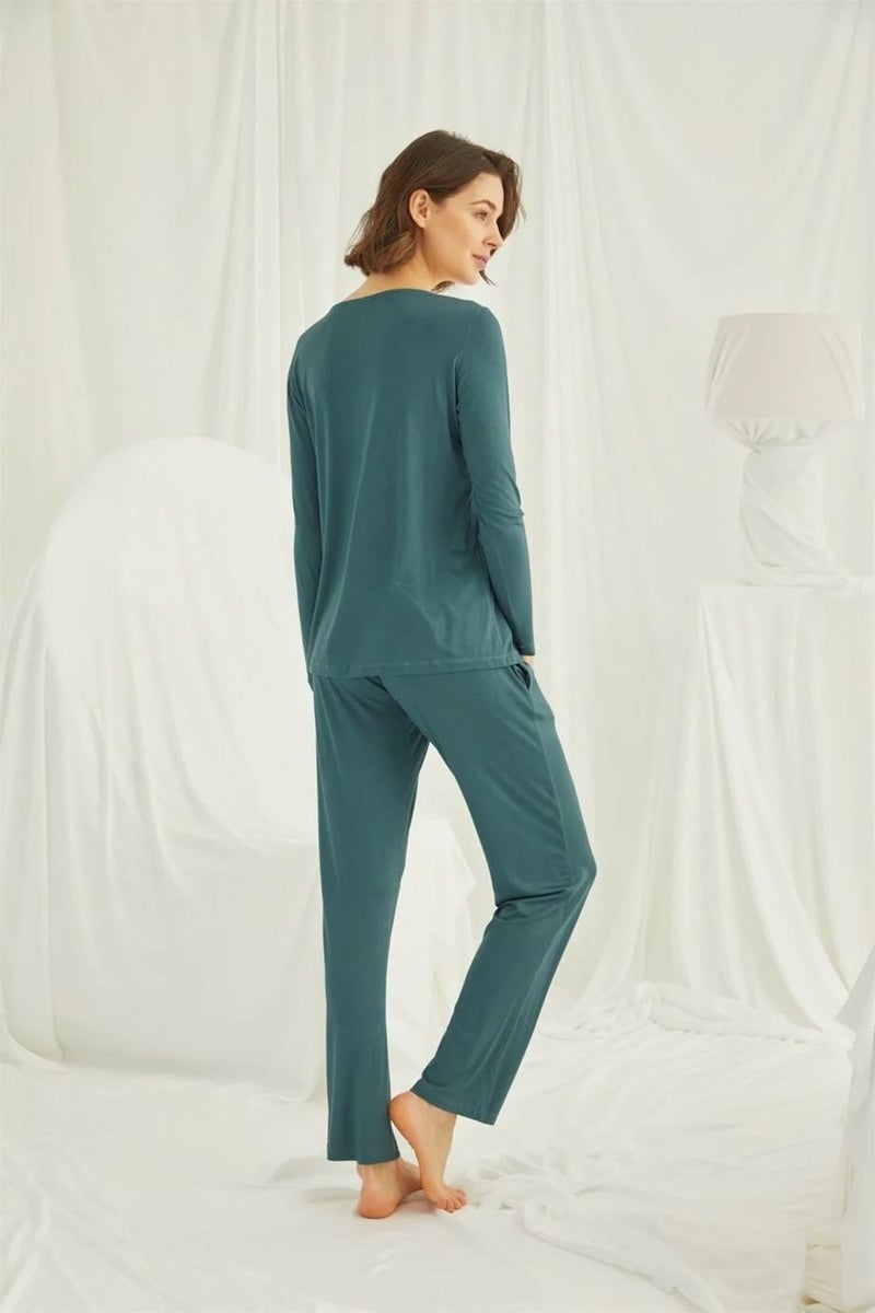 Monamise Women's Green Lace Shoulder Front Buttoned Pajama Set 19307  - Image 5