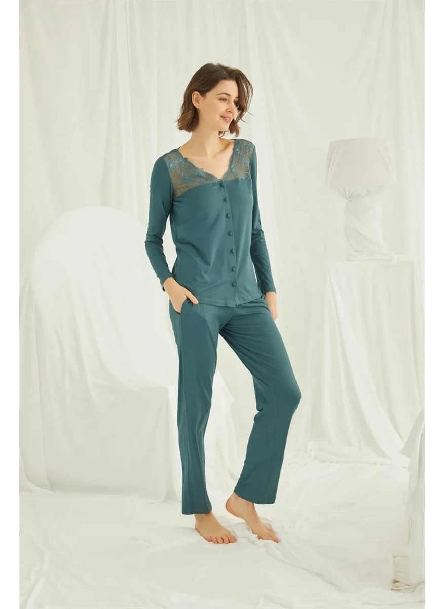 Monamise Women's Green Lace Shoulder Front Buttoned Pajama Set 19307