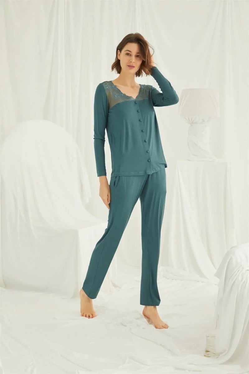 Monamise Women's Green Lace Shoulder Front Buttoned Pajama Set 19307  - Image 4