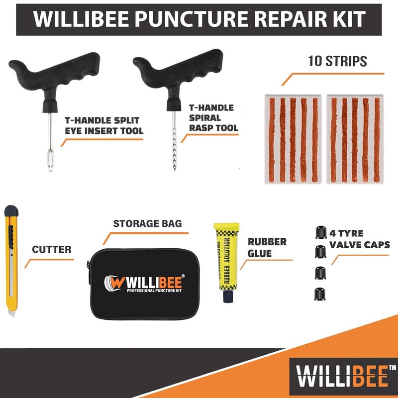 WILLIBEE 6 in 1 Tubeless Tyre Puncture Repair Kit for Car, Bike, Scooter & SUV (with Storage Bag) | Universal Emergency Tyre Fix Tool Set, Flat Tire Puncher Repair Kit. - Image 2