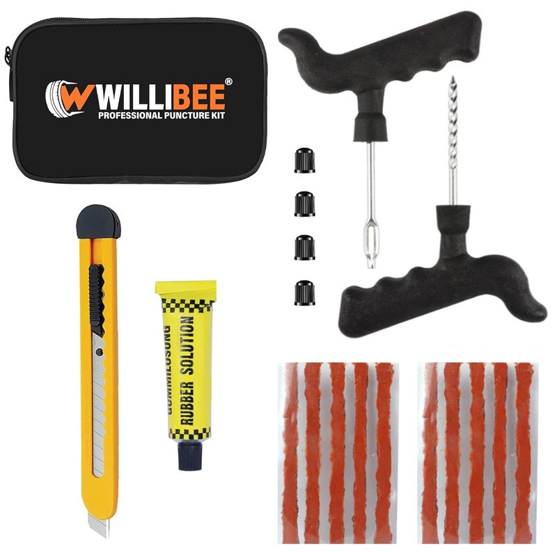 WILLIBEE 6 in 1 Tubeless Tyre Puncture Repair Kit for Car, Bike, Scooter & SUV (with Storage Bag) | Universal Emergency Tyre Fix Tool Set, Flat Tire Puncher Repair Kit. - Image 1