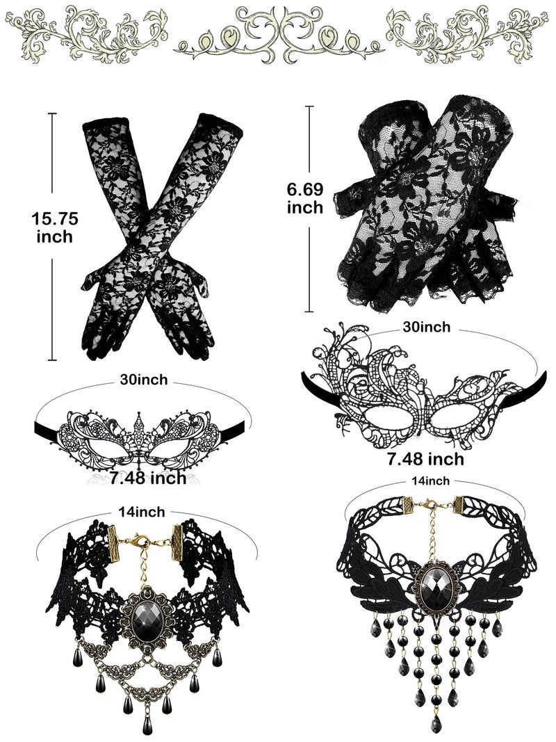 Newcotte 6 Pcs Halloween Masquerade Mask Set Include Lace Mask, Lace Choker Necklace, Gloves for Cosplay Party 80s 90s(Retro Style) - Image 5