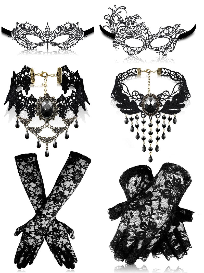 Newcotte 6 Pcs Halloween Masquerade Mask Set Include Lace Mask, Lace Choker Necklace, Gloves for Cosplay Party 80s 90s(Retro Style) - Image 1