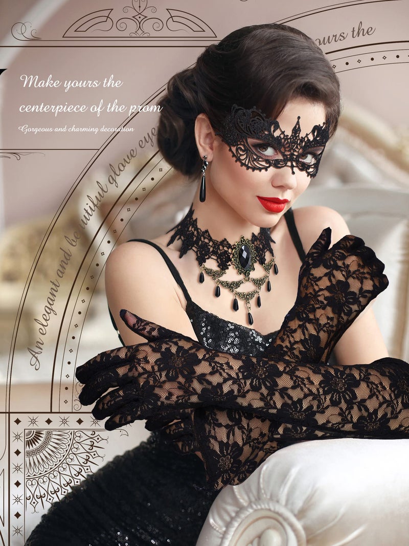 Newcotte 6 Pcs Halloween Masquerade Mask Set Include Lace Mask, Lace Choker Necklace, Gloves for Cosplay Party 80s 90s(Retro Style) - Image 2