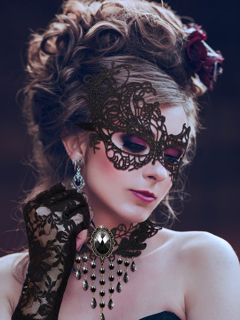 Newcotte 6 Pcs Halloween Masquerade Mask Set Include Lace Mask, Lace Choker Necklace, Gloves for Cosplay Party 80s 90s(Retro Style) - Image 4