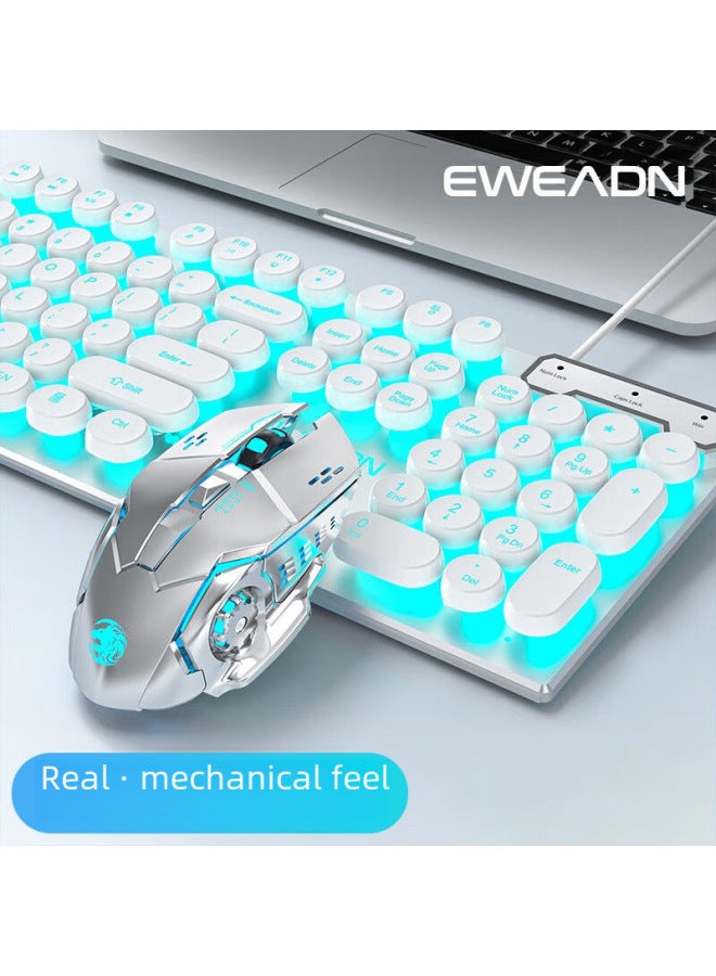 Forerunner's Real Mechanical Feel Punk Keyboard And Mouse Set Retro Round Key Wired Desktop Computer Office Wholesale-Color:White Rainbow Light 【classic】】 - Image 2