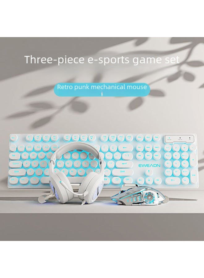 Forerunner's Real Mechanical Feel Punk Keyboard And Mouse Set Retro Round Key Wired Desktop Computer Office Wholesale-Color:White Rainbow Light 【classic】】 - Image 3