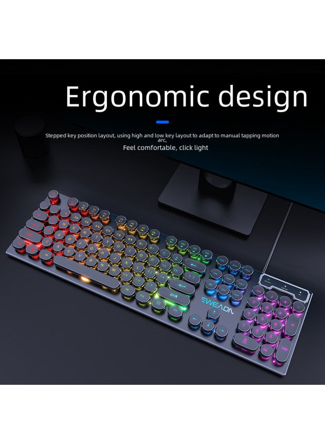 Forerunner's Real Mechanical Feel Punk Keyboard And Mouse Set Retro Round Key Wired Desktop Computer Office Wholesale-Color:White Rainbow Light 【classic】】 - Image 4