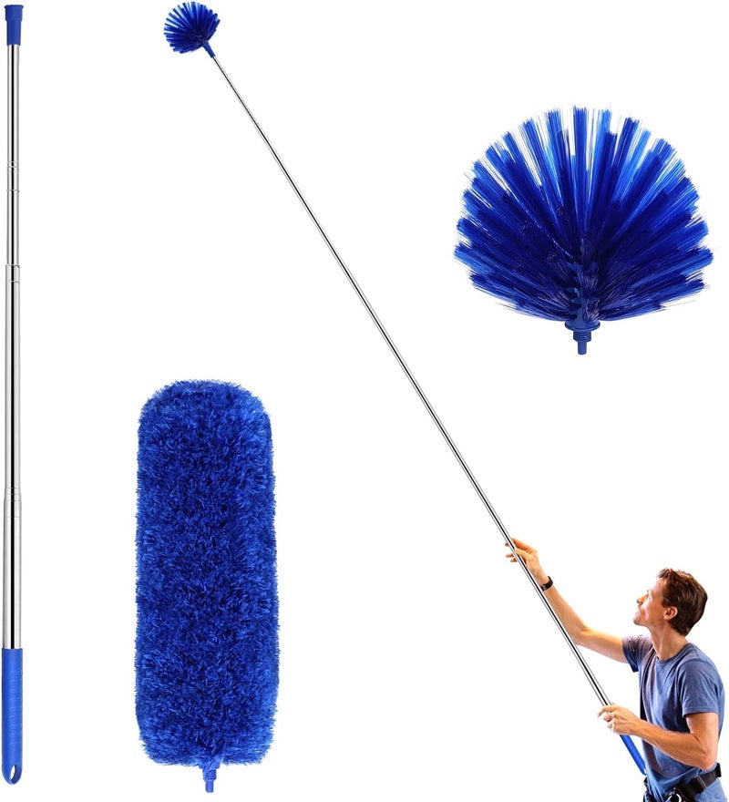 Suplory Microfiber Feather and Cobweb Duster With 100 Inches Extension Pole Bendable Washable for Ceiling Fan High Ceiling Blinds Furniture Cars Blue 