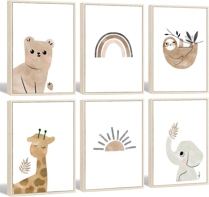 Baccone Boho Rainbow Nursery Art Set - 6 Framed 12x16 Inch Animal & Rainbow Prints, Neutral Baby Girl Boy Room Decor - Image 1