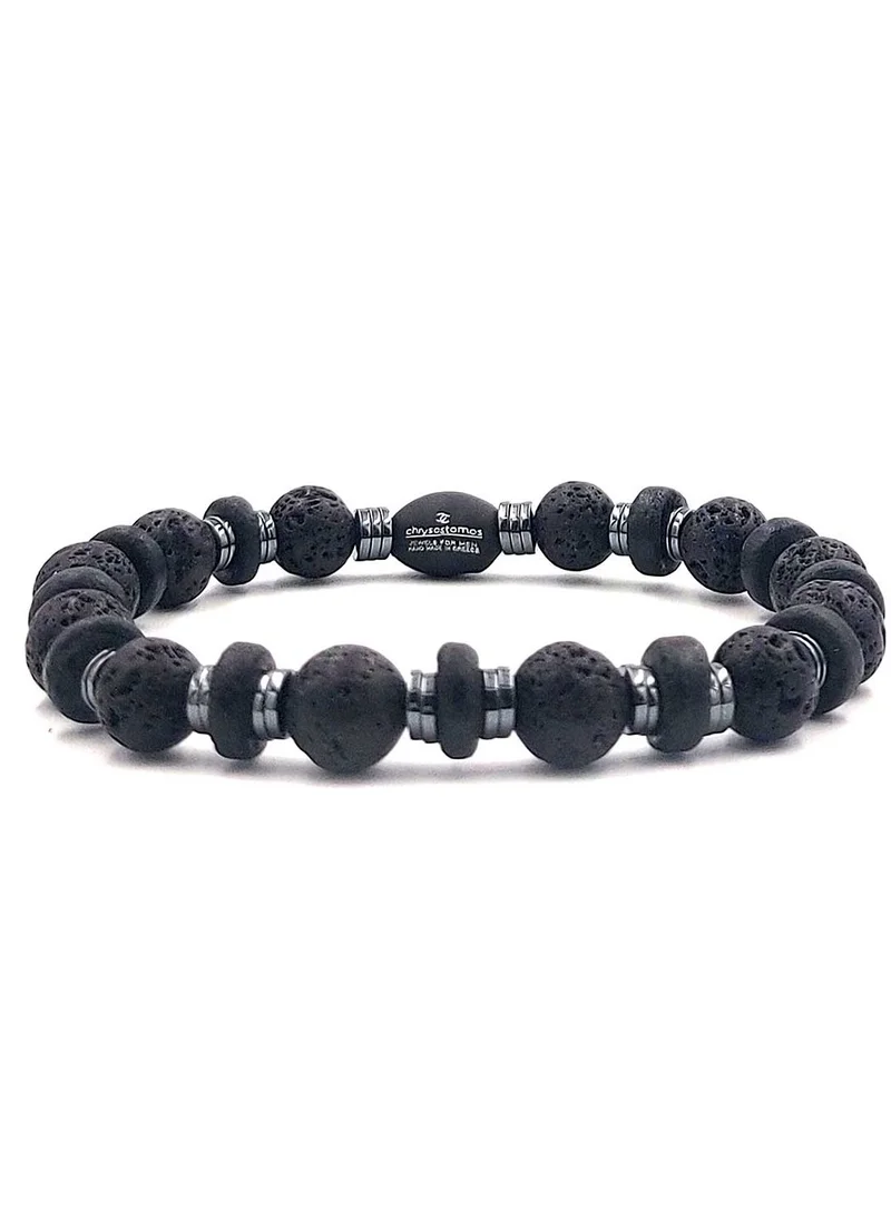CHRYSOSTOMOS Handmade Beaded Bracelet with Black Lava, Coconut Grommet and Silver Hematite, Durable Silicone Elastic