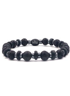 CHRYSOSTOMOS Handmade Beaded Bracelet with Black Lava, Coconut Grommet and Silver Hematite, Durable Silicone Elastic  - Image 1